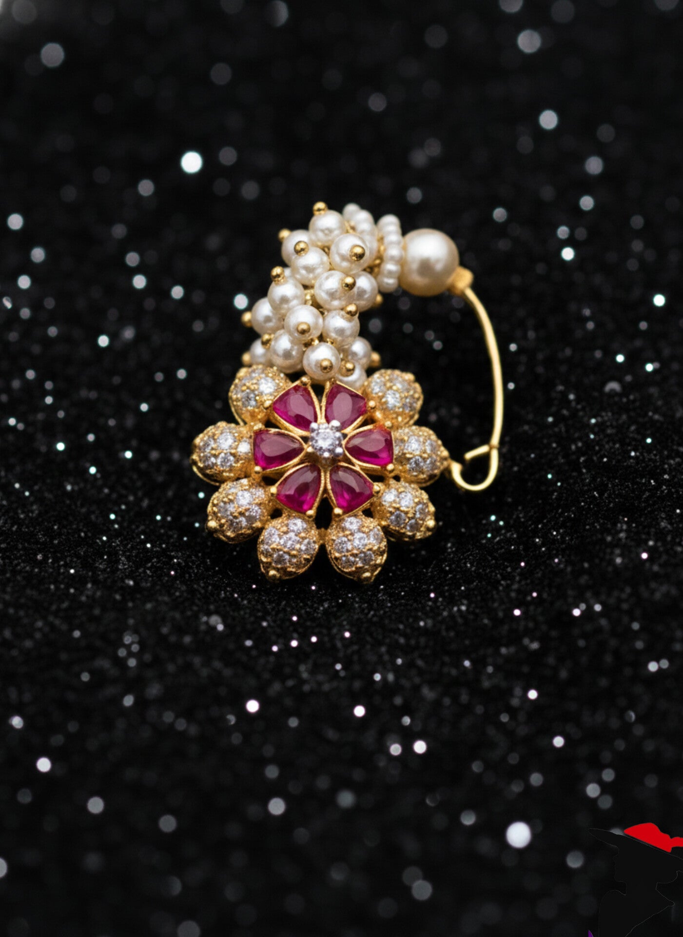 Traditional Maharashtrian Pearl & Ruby Nath – Bridal Gold-Plated Nose Ring. (awey) Press Nath