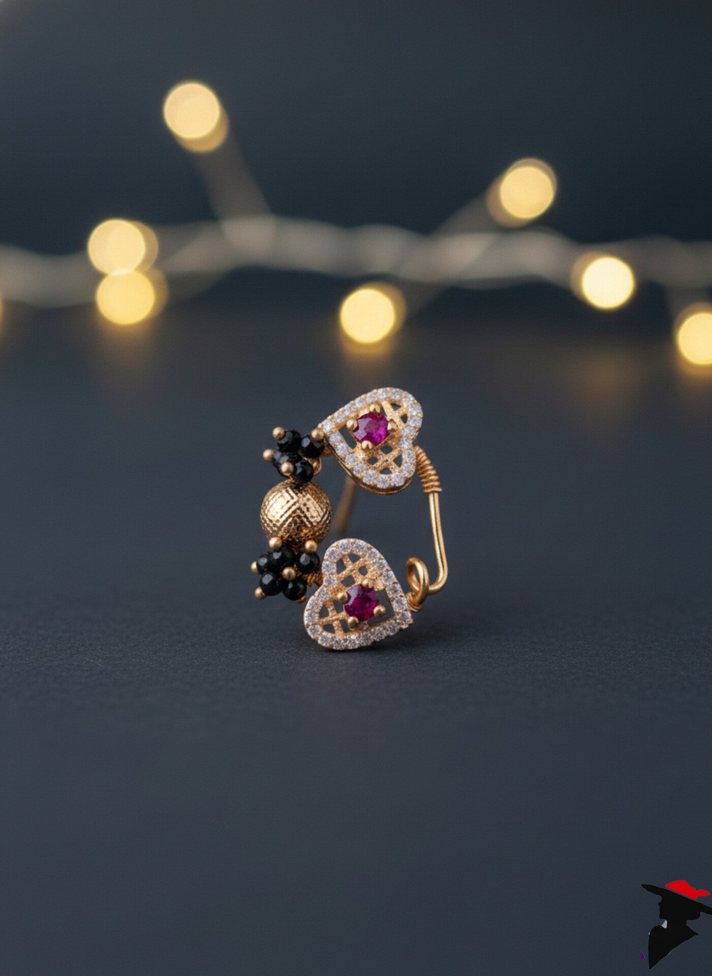 Traditional Maharashtrian Pearl & Ruby Nath - Bridal Gold-Plated Nose Ring (baky) Press Nath