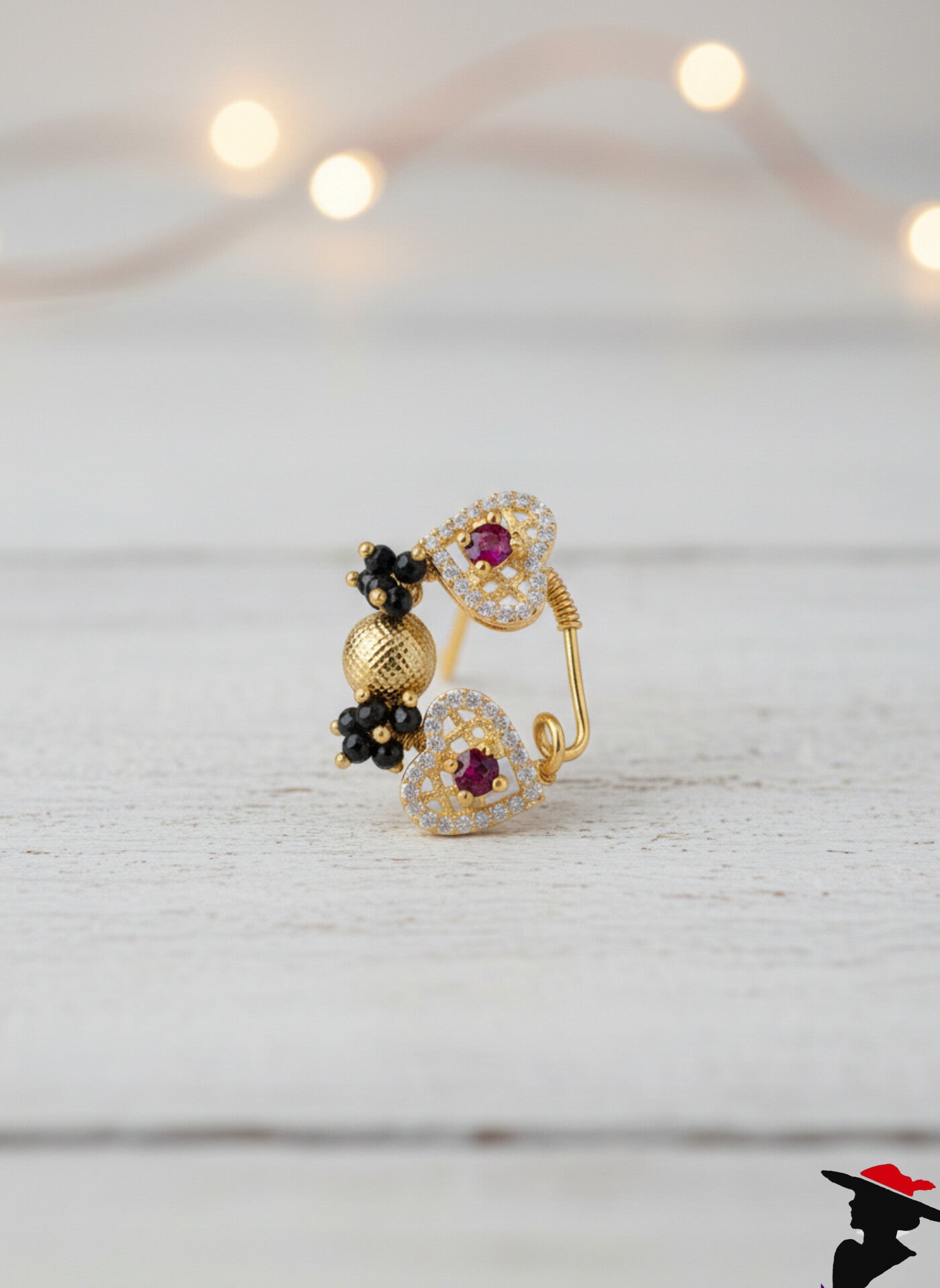 Traditional Maharashtrian Pearl & Ruby Nath - Bridal Gold-Plated Nose Ring (baky) Press Nath