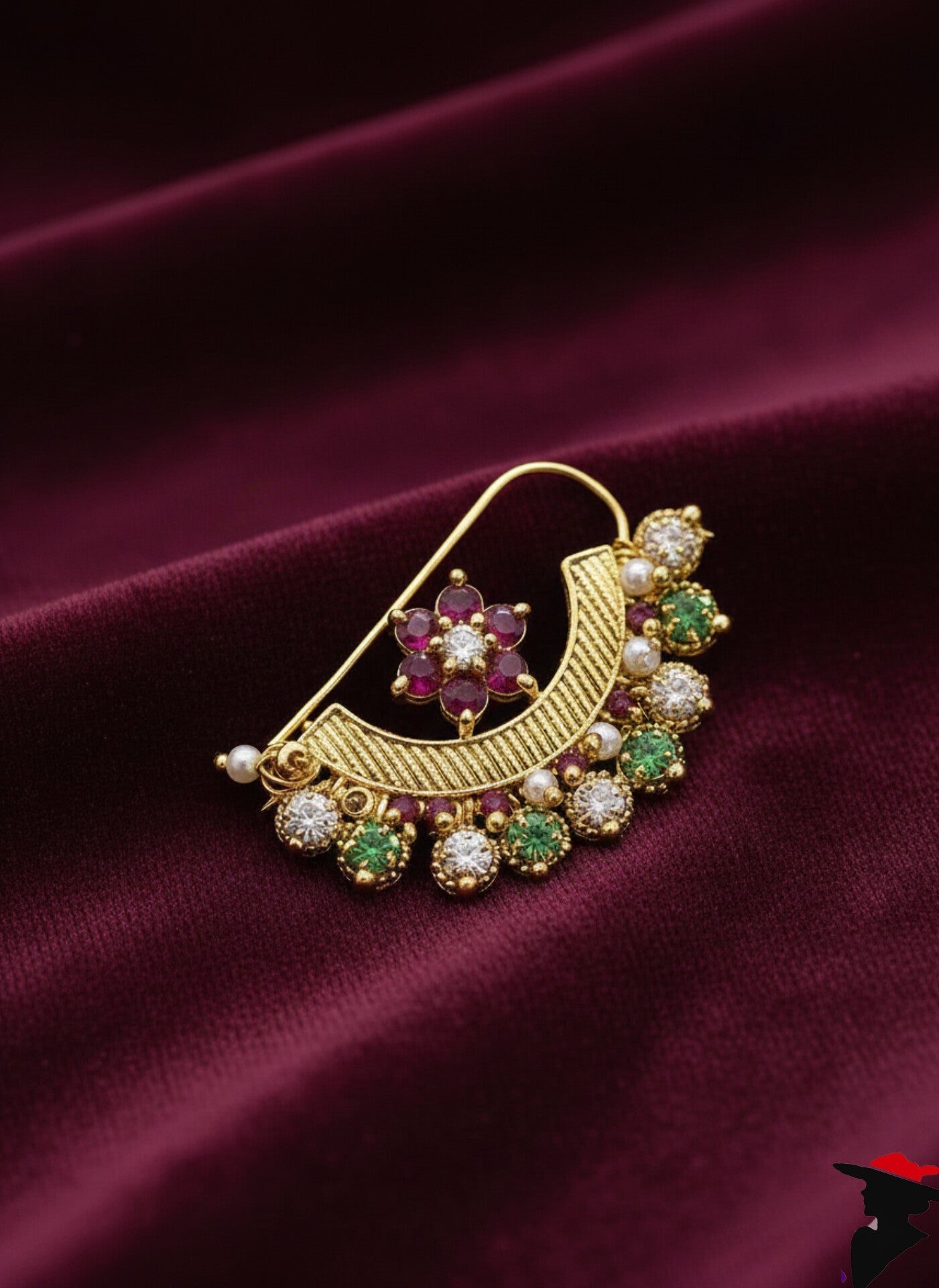 Traditional Maharashtrian Pearl & Ruby Nath - Bridal Gold-Plated Nose Ring (aiky) (Taar Nath )